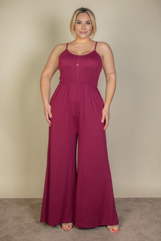 Plus Size Button Front Wide Leg Jumpsuit - MyStoreLiving