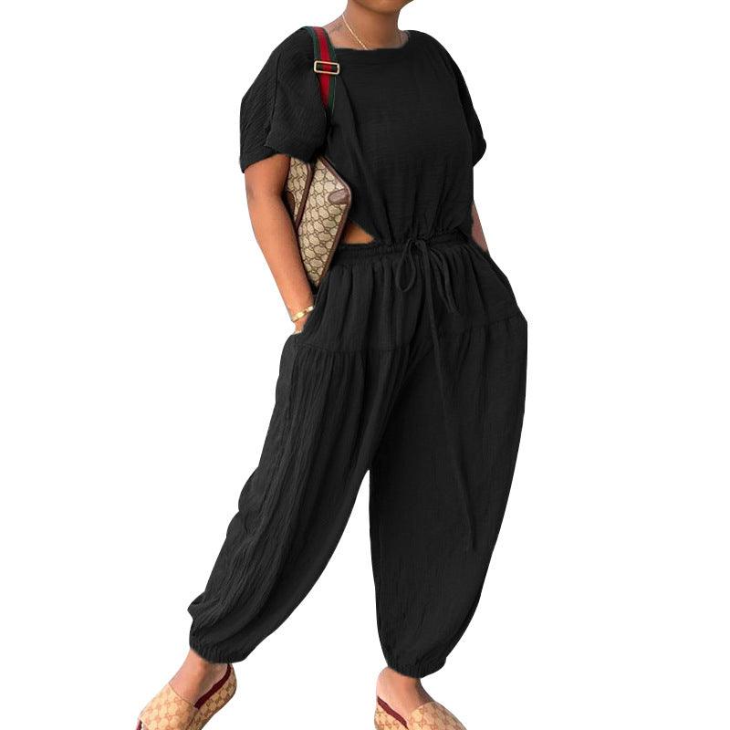 Women's Elastic Cotton And Linen Fashion Casual Wide Leg Pants Solid Color Two Piece Suit - MyStoreLiving