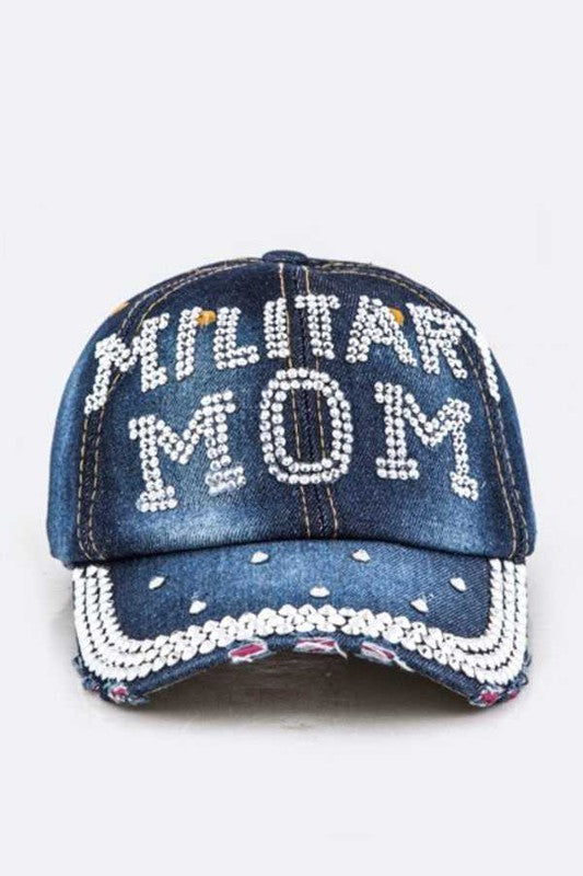 Crystal MILITARY MOM Embelished Fashion Denim Cap