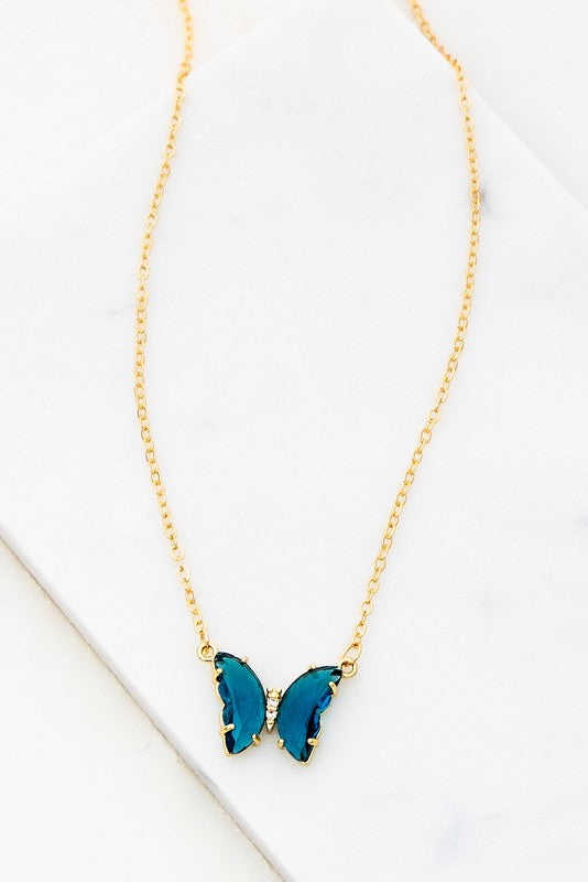 Gem Stone Butterfly Pendant Necklace