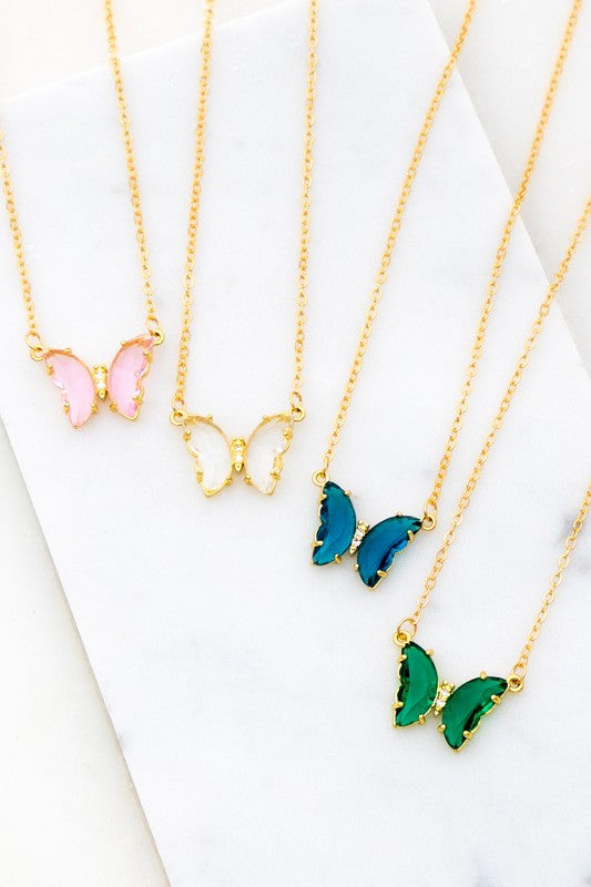 Gem Stone Butterfly Pendant Necklace