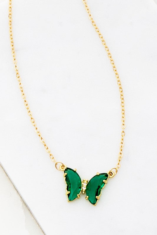 Gem Stone Butterfly Pendant Necklace