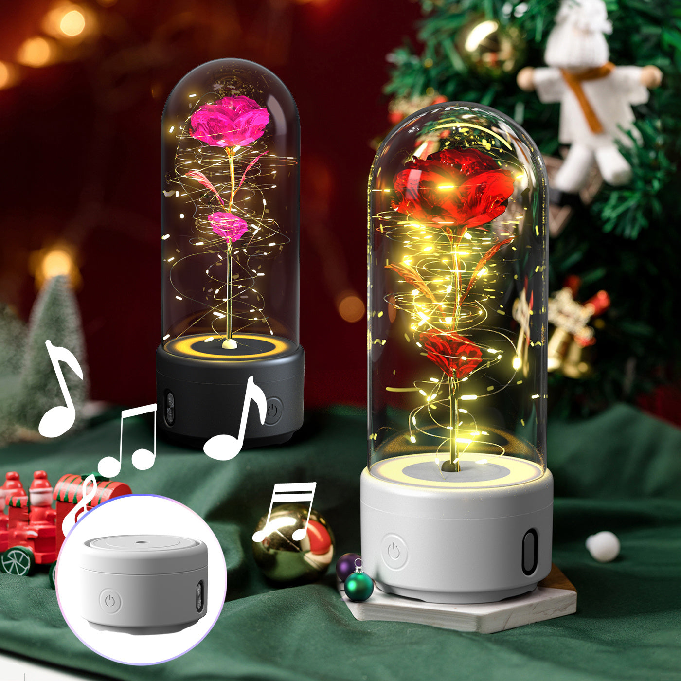 A unique gift that combines an LED light and a Bluetooth speaker with rose flowers. Glass-covered Rose Luminous Night Light Ornament