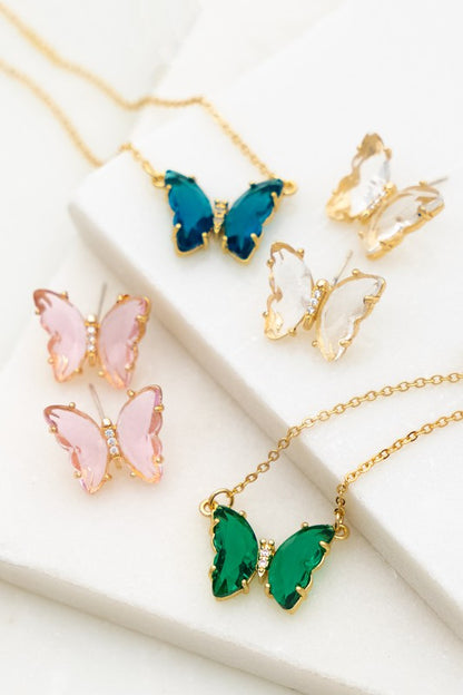 Gem Stone Butterfly Pendant Necklace