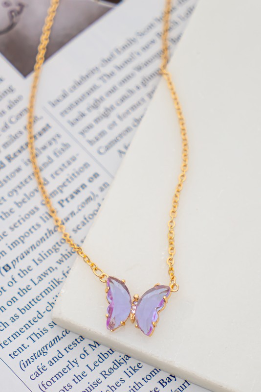 Gem Stone Butterfly Pendant Necklace