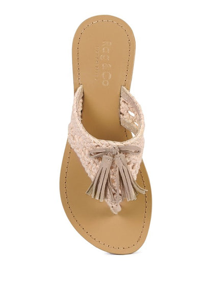 Beech Handwoven Natural Suede Tassel Thong Flats