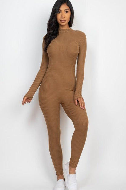 Ribbed Mock Neck Long Sleeve Casual Jumpsuit - MyStoreLiving