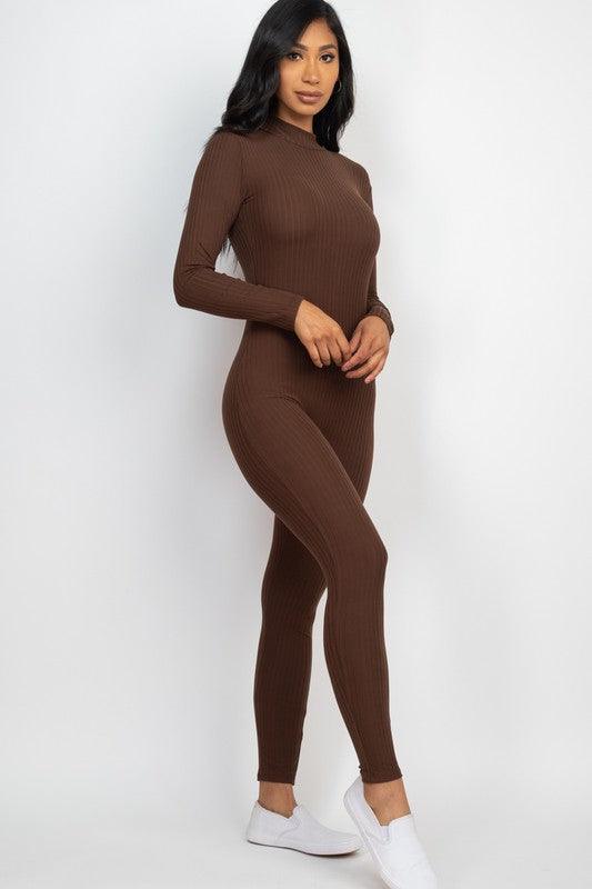 Ribbed Mock Neck Long Sleeve Casual Jumpsuit - MyStoreLiving