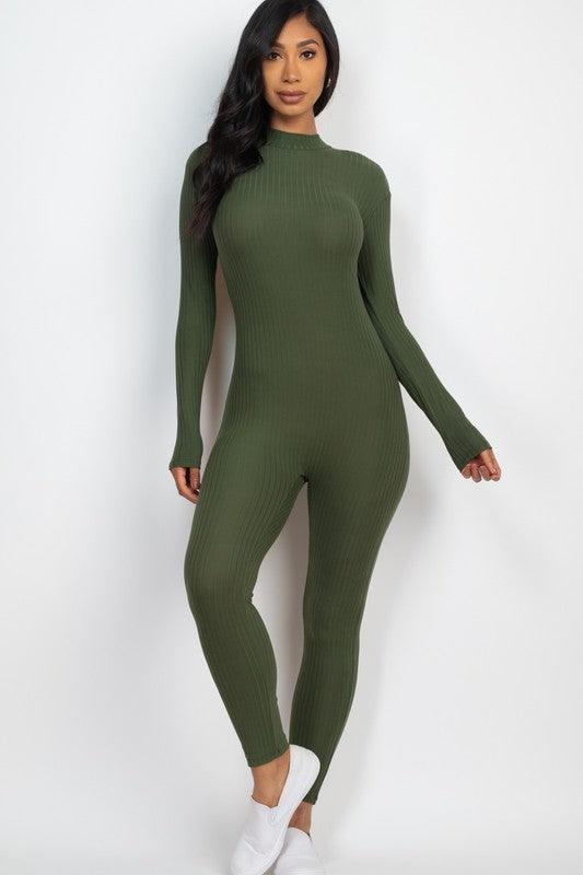 Ribbed Mock Neck Long Sleeve Casual Jumpsuit - MyStoreLiving