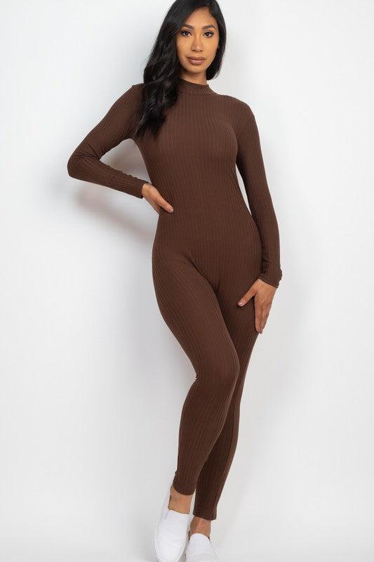 Ribbed Mock Neck Long Sleeve Casual Jumpsuit - MyStoreLiving