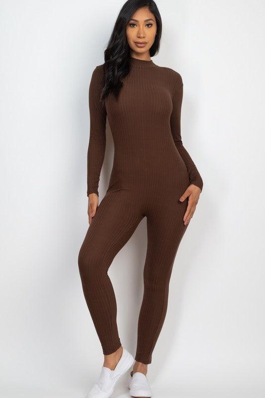 Ribbed Mock Neck Long Sleeve Casual Jumpsuit - MyStoreLiving