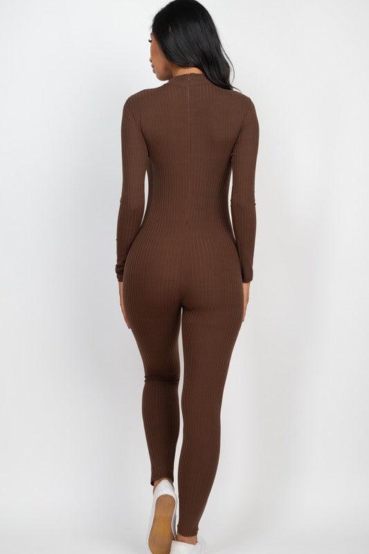 Ribbed Mock Neck Long Sleeve Casual Jumpsuit - MyStoreLiving