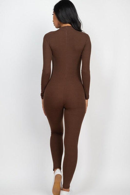 Ribbed Mock Neck Long Sleeve Casual Jumpsuit - MyStoreLiving