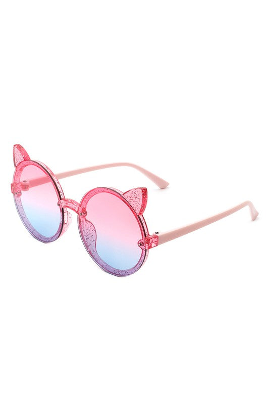 Girls Round Cat Ear Design Glitter Kids Sunglasses