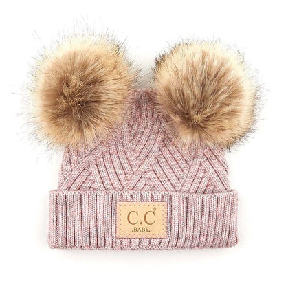 CC Baby Double Pom Criss-Cross Pattern Beanie