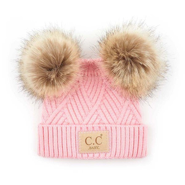 CC Baby Double Pom Criss-Cross Pattern Beanie