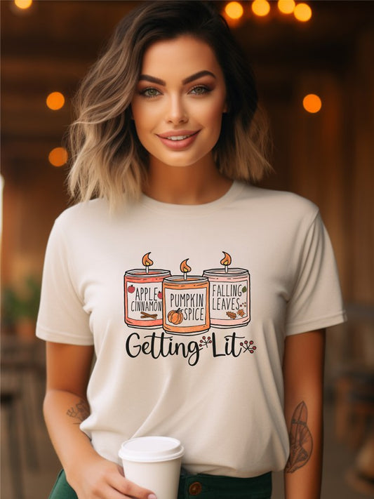 Getting Lit Pumpkin Candles Graphic Crew Neck Tee