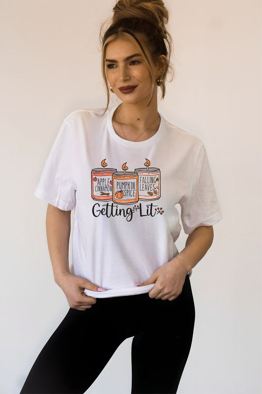 Getting Lit Pumpkin Candles Graphic Crew Neck Tee