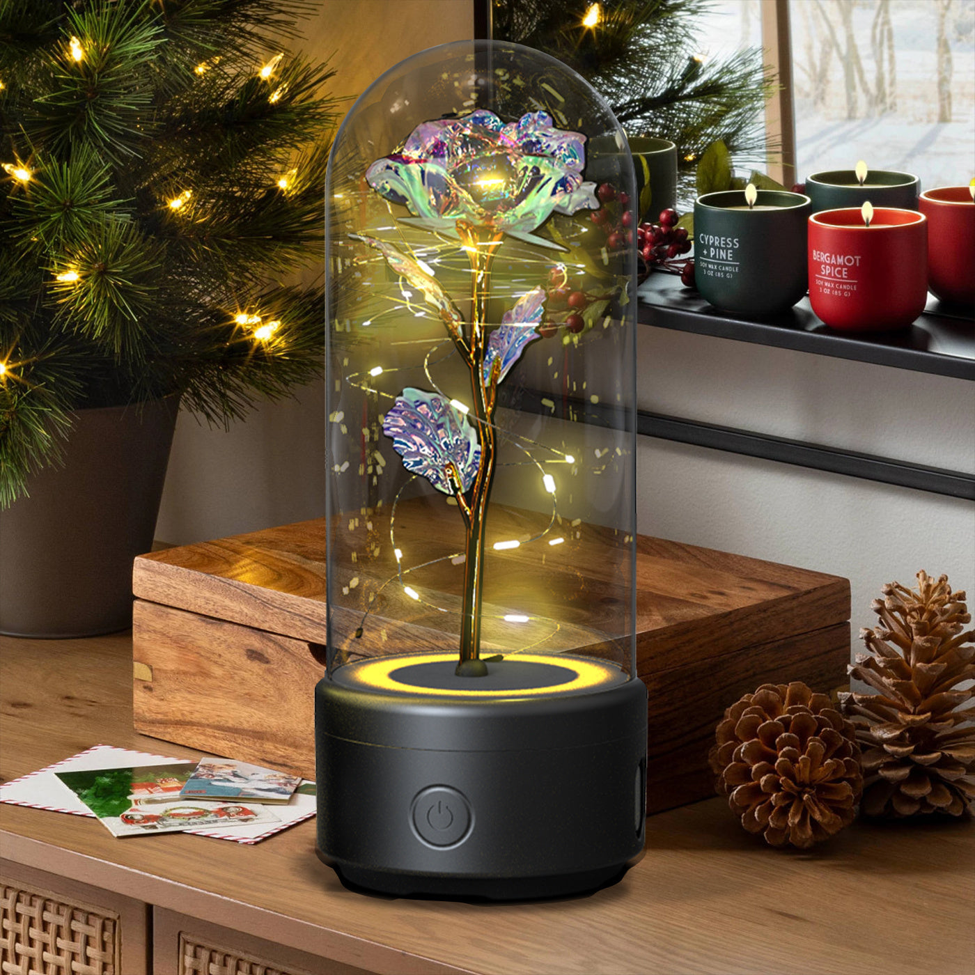 A unique gift that combines an LED light and a Bluetooth speaker with rose flowers.