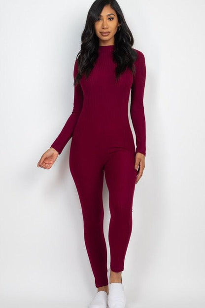 Ribbed Mock Neck Long Sleeve Casual Jumpsuit - MyStoreLiving