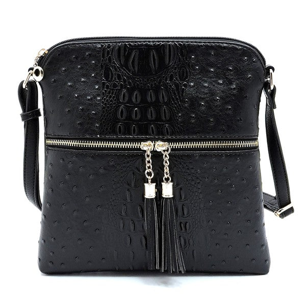 Ostrich Croc Zip Tassel Crossbody Bag