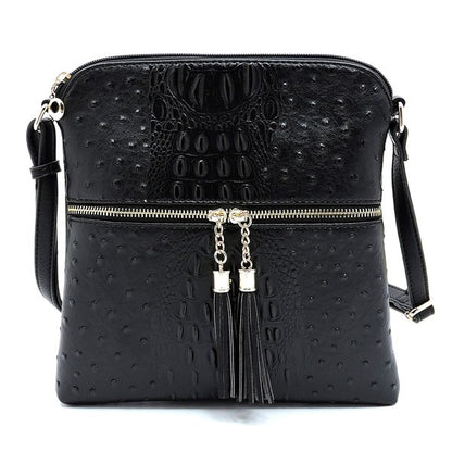 Ostrich Croc Zip Tassel Crossbody Bag