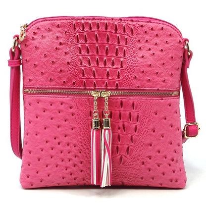 Ostrich Croc Zip Tassel Crossbody Bag