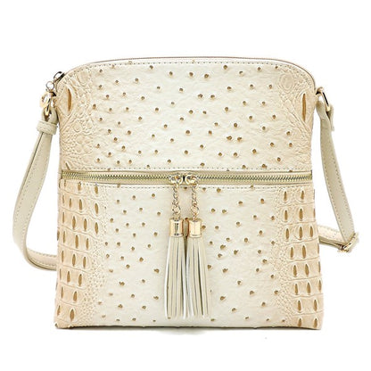 Ostrich Croc Zip Tassel Crossbody Bag