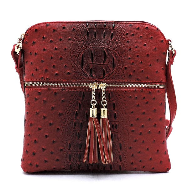 Ostrich Croc Zip Tassel Crossbody Bag