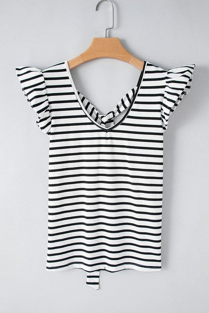 Stripe Butterfly Sleeve V Neck Knot Back T Shirt