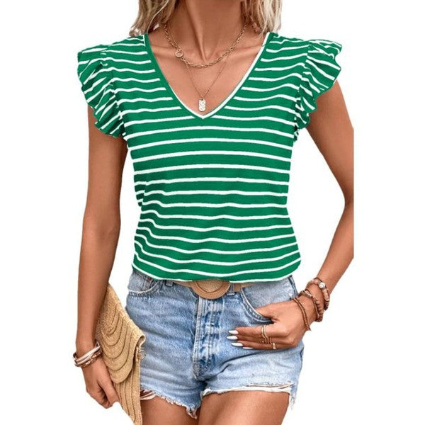 Stripe Butterfly Sleeve V Neck Knot Back T Shirt