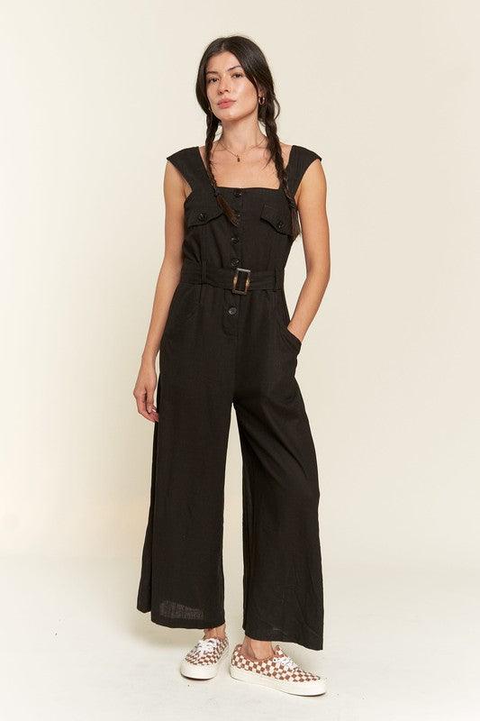 PLUS SLEEVELESS SQUARE NECK BUTTON ANKLE JUMPSUIT - MyStoreLiving