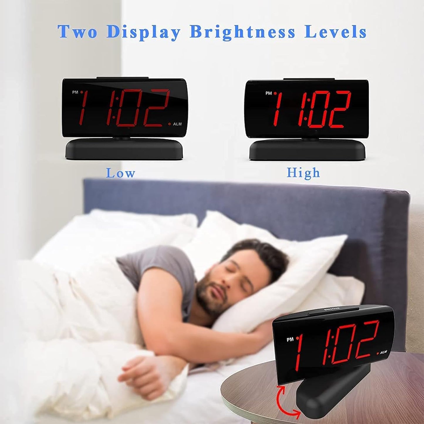 GING YHAU alarm clock large digital rotating base 2-level brightness digital clock bedroom bedside alarm clock