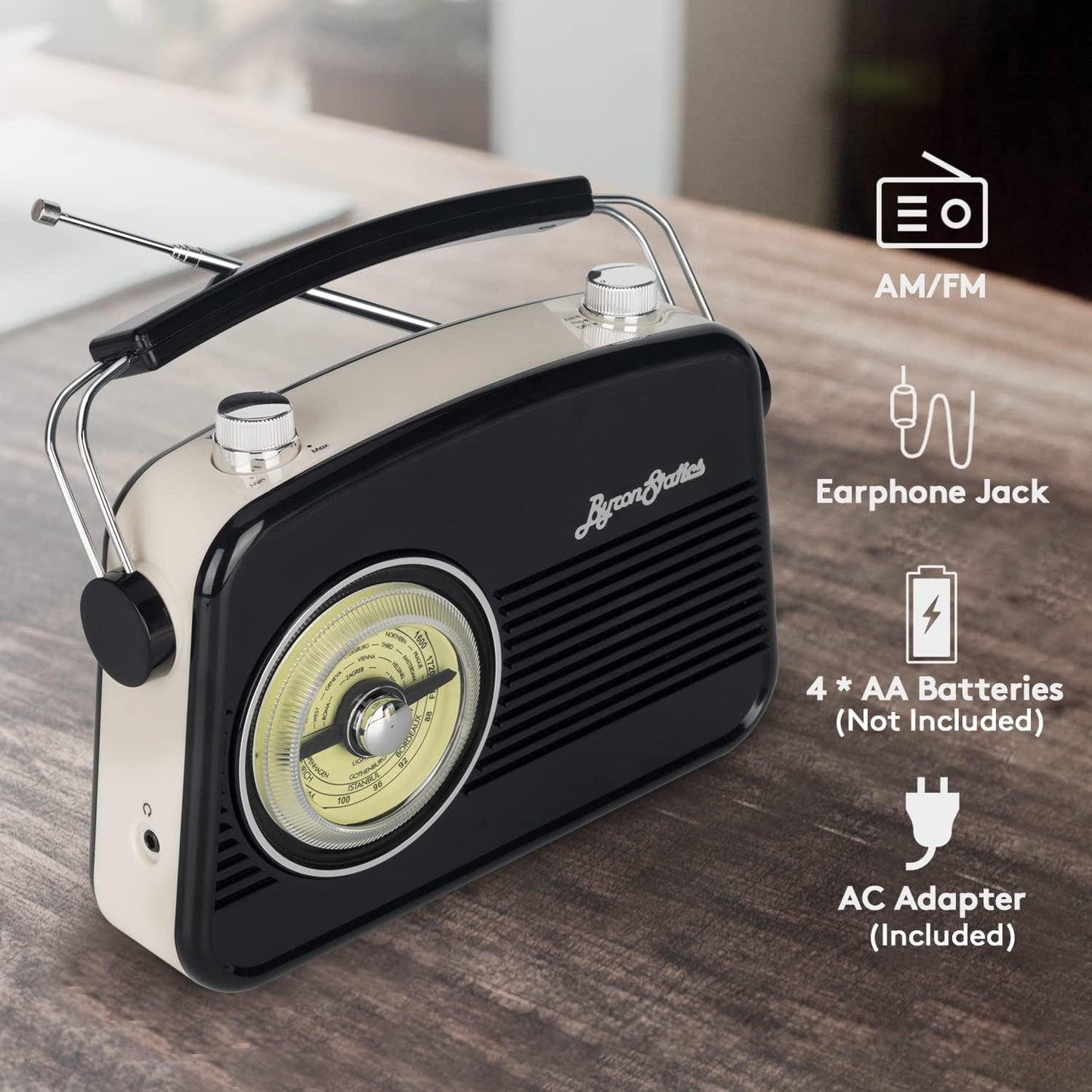 Black AM FM Radio - Small Portable Radios Vintage/Retro with Headphone Jack, Large Analog Rotary Tuning Dial