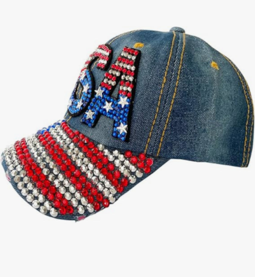 Unisex American flag baseball cap, denim distressed rhinestone cap, adult style (navy blue)