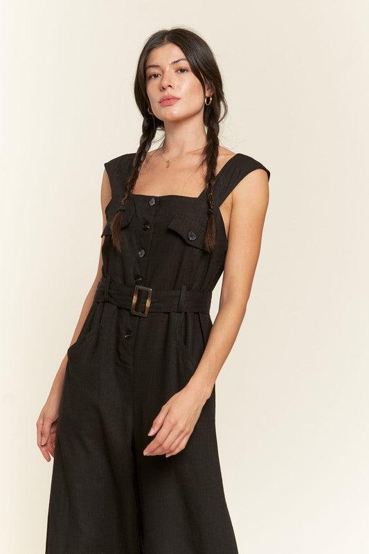 PLUS SLEEVELESS SQUARE NECK BUTTON ANKLE JUMPSUIT - MyStoreLiving