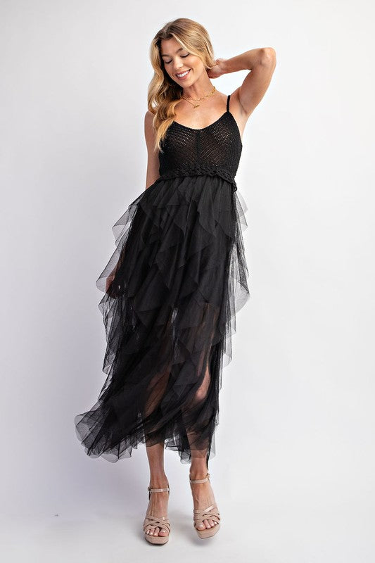 Lovery Tulle Midi Crochet Dress