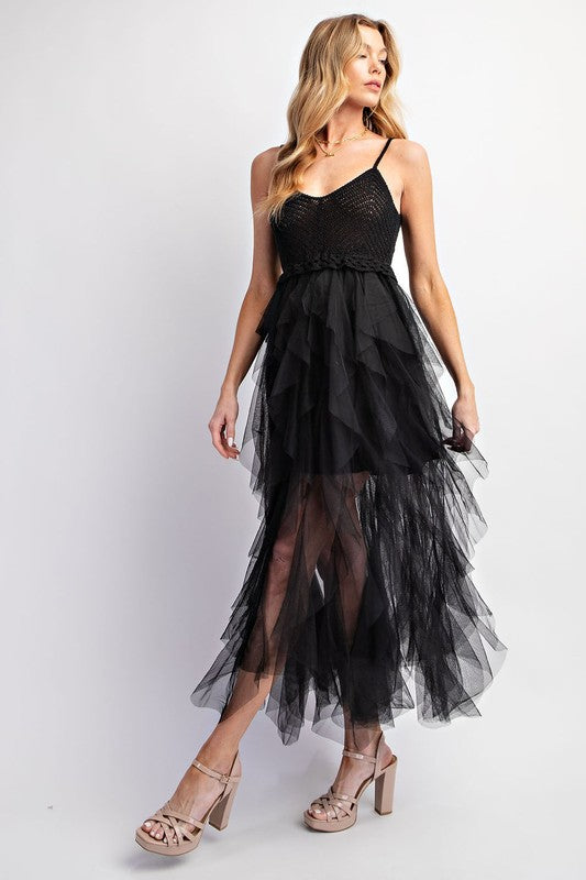 Lovery Tulle Midi Crochet Dress