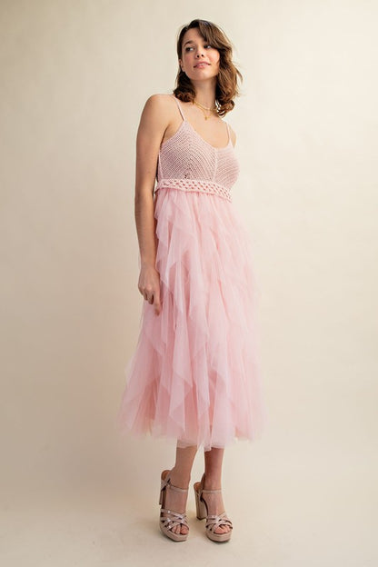 Lovery Tulle Midi Crochet Dress