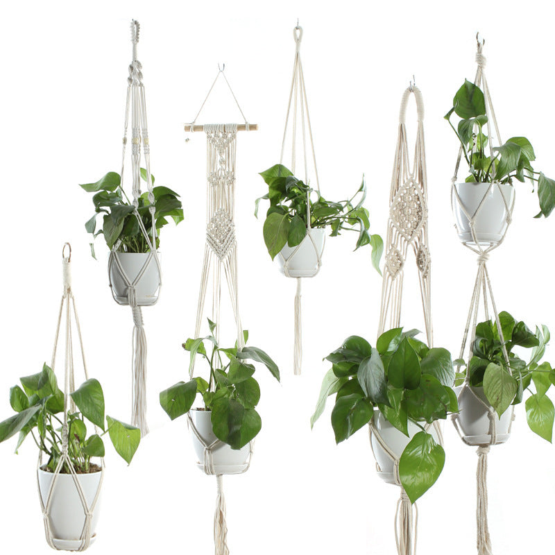 Beige Flower Pot Net Bag Cotton Rope Hanging Basket Sling for Indoor Plants