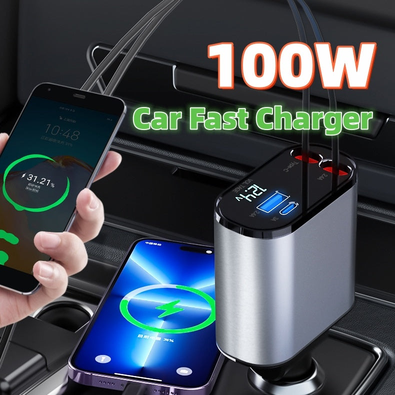 Metal car charger with 100W super fast charging for USB and Type-C adapters and car cigarette lighters