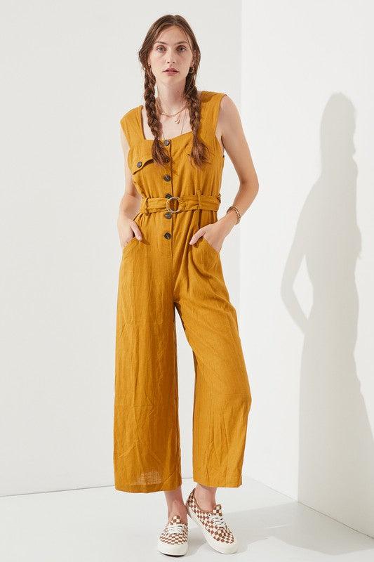 PLUS SLEEVELESS SQUARE NECK BUTTON ANKLE JUMPSUIT - MyStoreLiving