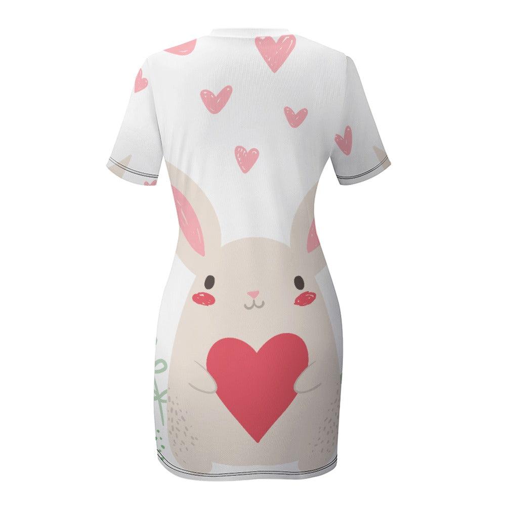 Pink Heart White Crew Neck Short Sleeve Dress- Rabbit - MyStoreLiving