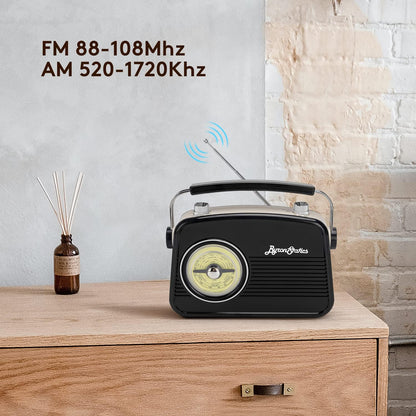 Black AM FM Radio - Small Portable Radios Vintage/Retro with Headphone Jack, Large Analog Rotary Tuning Dial