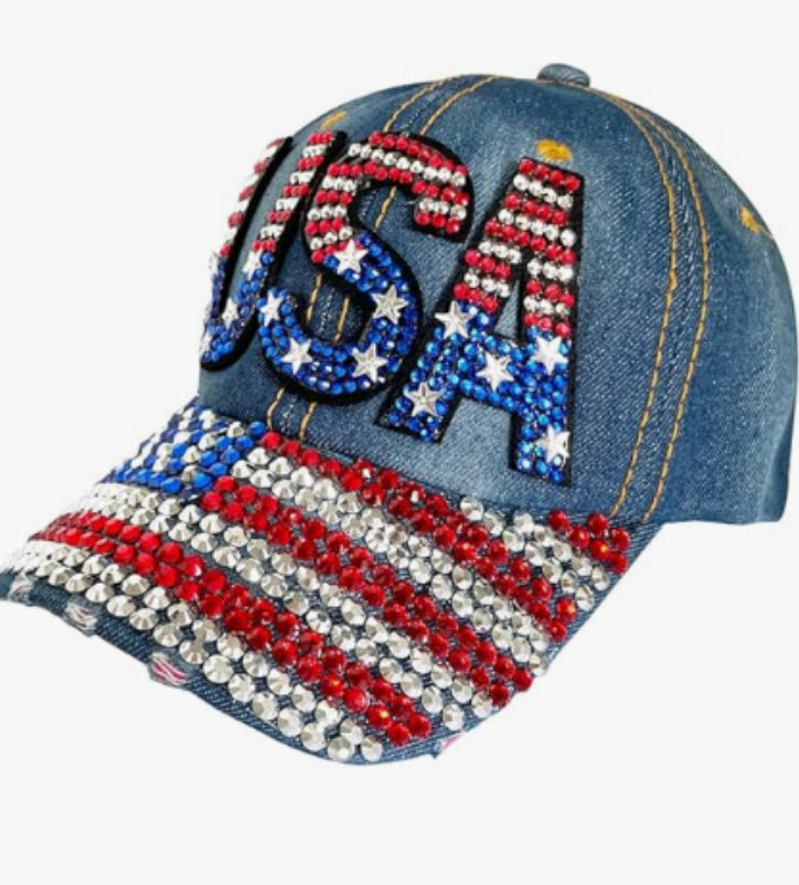 Unisex American flag baseball cap, denim distressed rhinestone cap, adult style (navy blue)