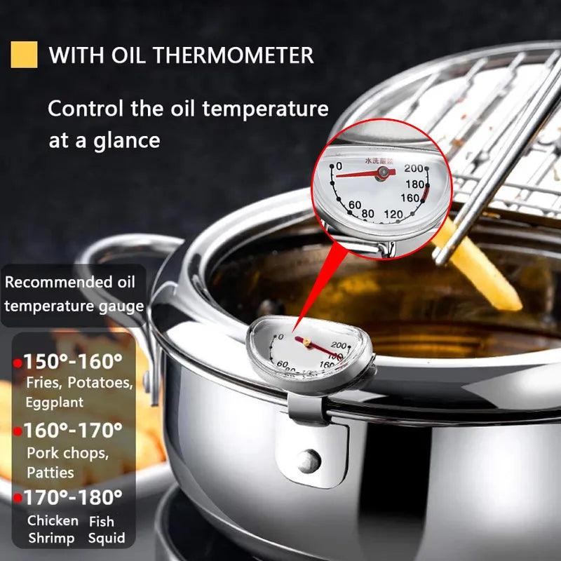 Kitchen Deep Frying Pot with Thermometer and Lid Stainless Steel Pans - MyStoreLiving