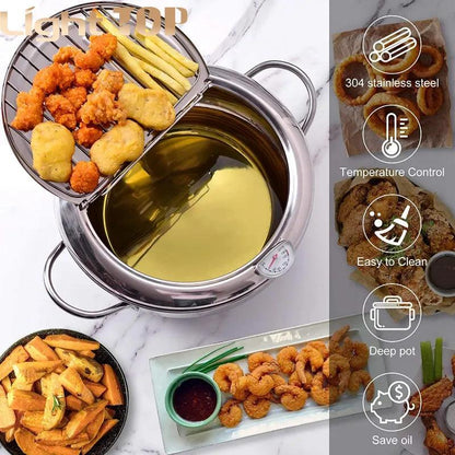 Kitchen Deep Frying Pot with Thermometer and Lid Stainless Steel Pans - MyStoreLiving