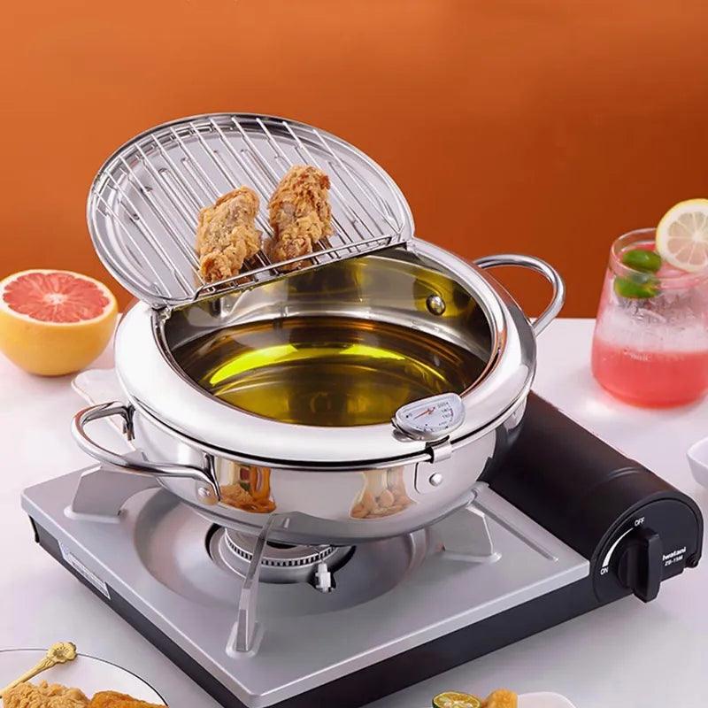 Kitchen Deep Frying Pot with Thermometer and Lid Stainless Steel Pans - MyStoreLiving