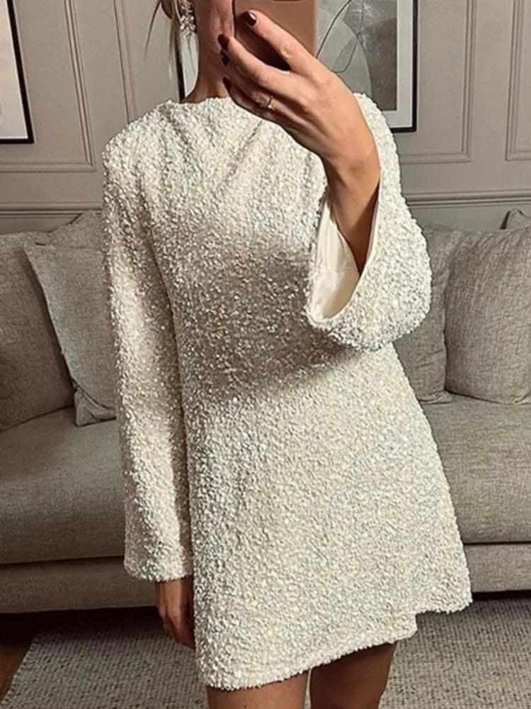 Elegant Shiny Sequin Mini Dress For Women Sexy Backless Bowknot Lace-up Long Sleeves Robes Fashion Evening Party Female Vestidos - MyStoreLiving