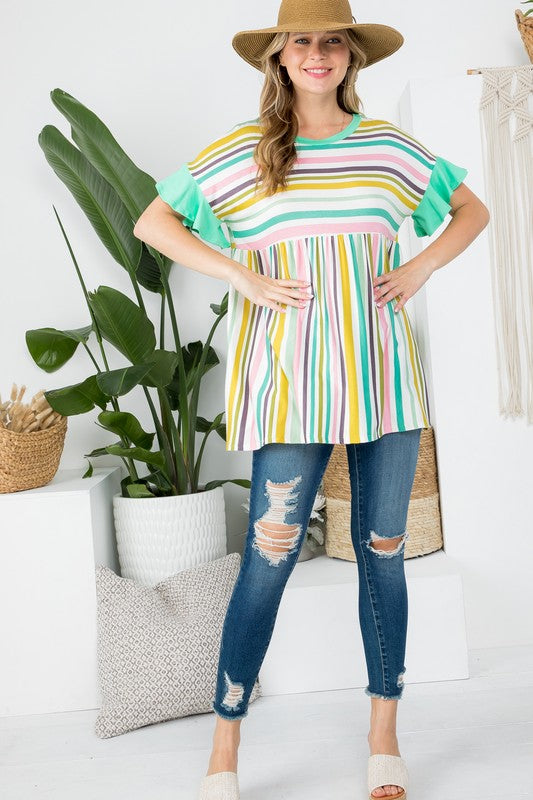 Multi Stripe Babydoll Tunic Top